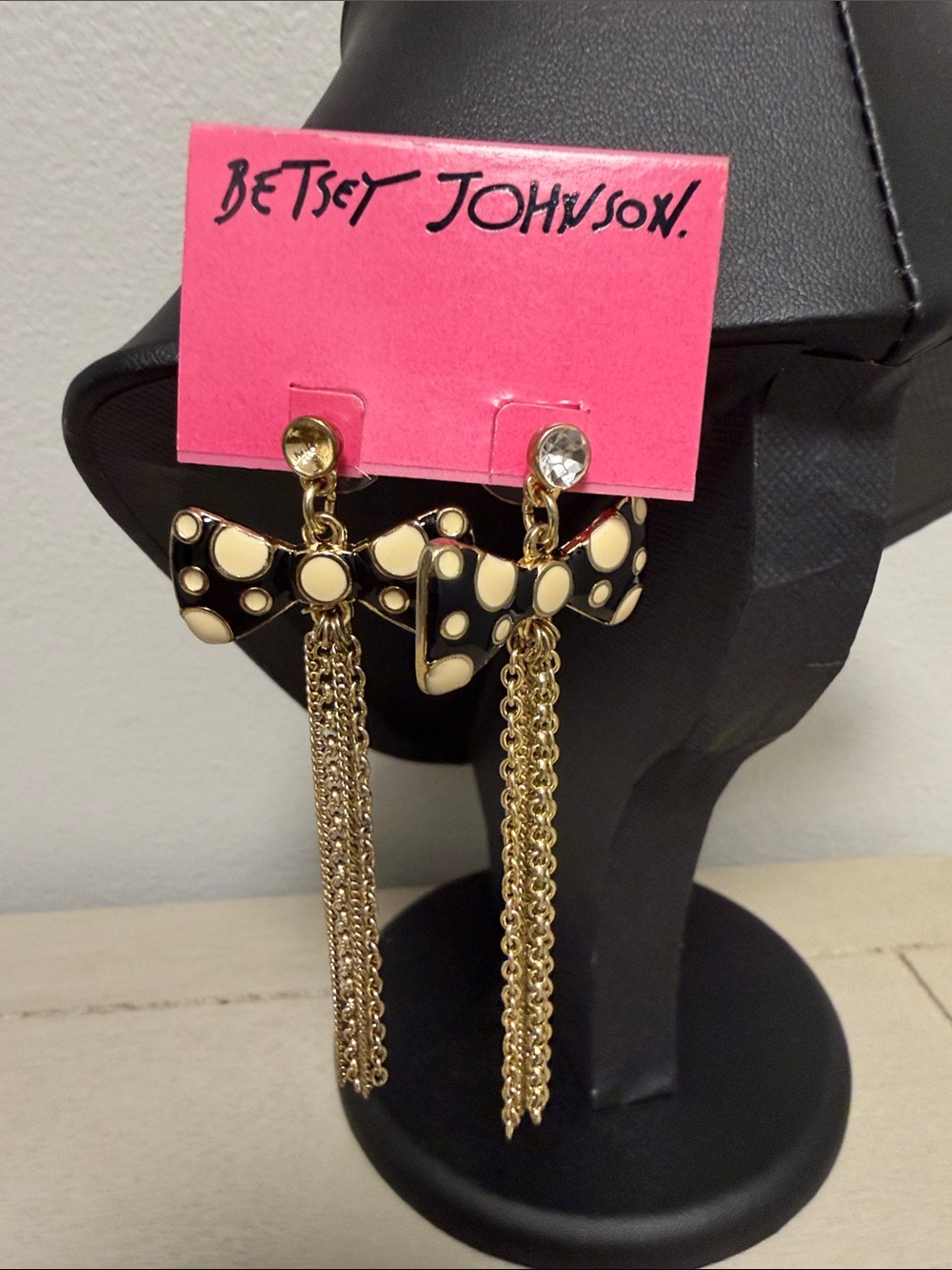 Betsey Johnson Polka Dot Bow Dangle Fringe Chain Drop Earrings NWT